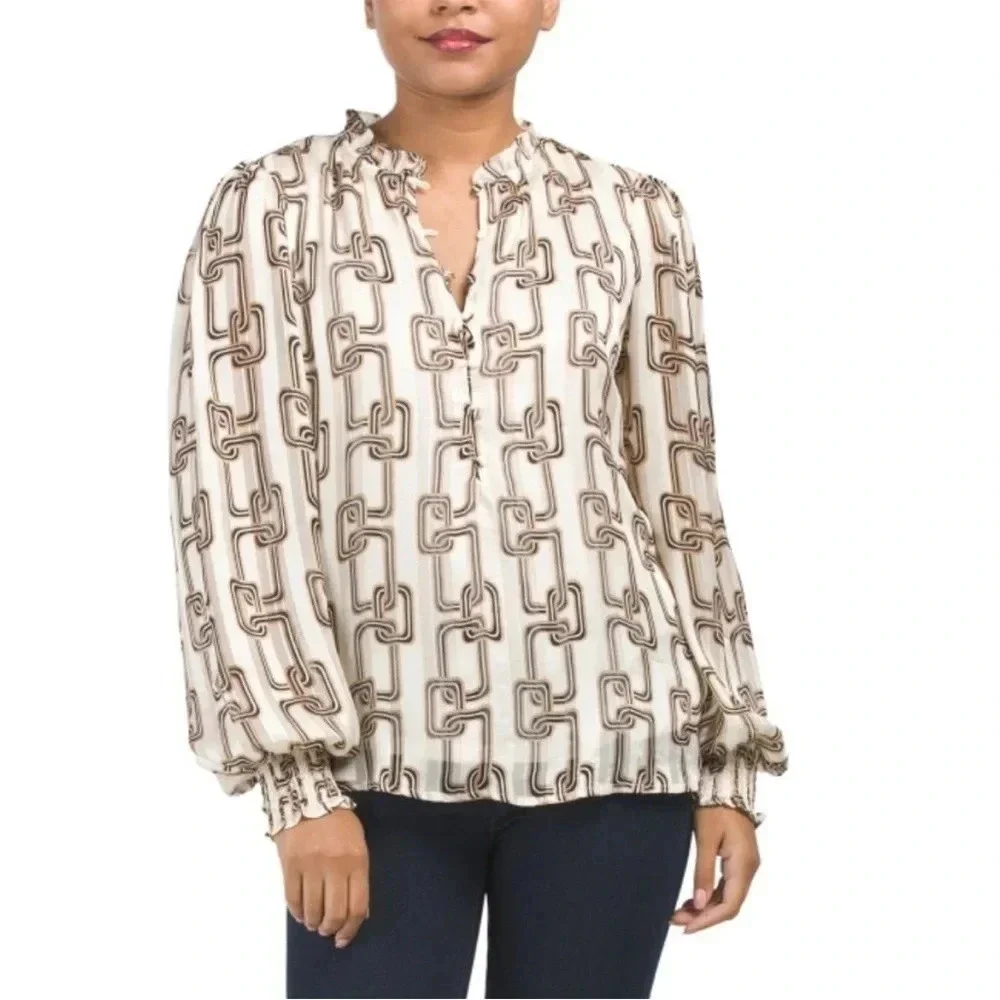 HAVER + BLAIR ivory/beige/black chain blouse size :XS - Picture 7 of 8